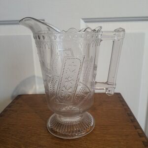 Clear Glass Drink Pitcher Embossed Floral Scalloped Rim Vintage Footed Classic